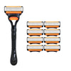 A set of six replacement razor heads for a fusion-style razor, featuring orange and white stripes.