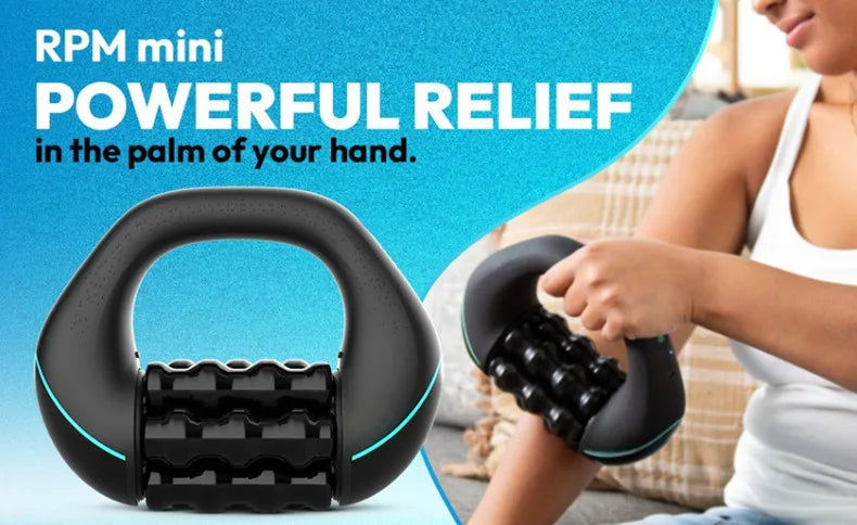 A black rechargeable electric deep tissue muscle roller is shown being held by a person.