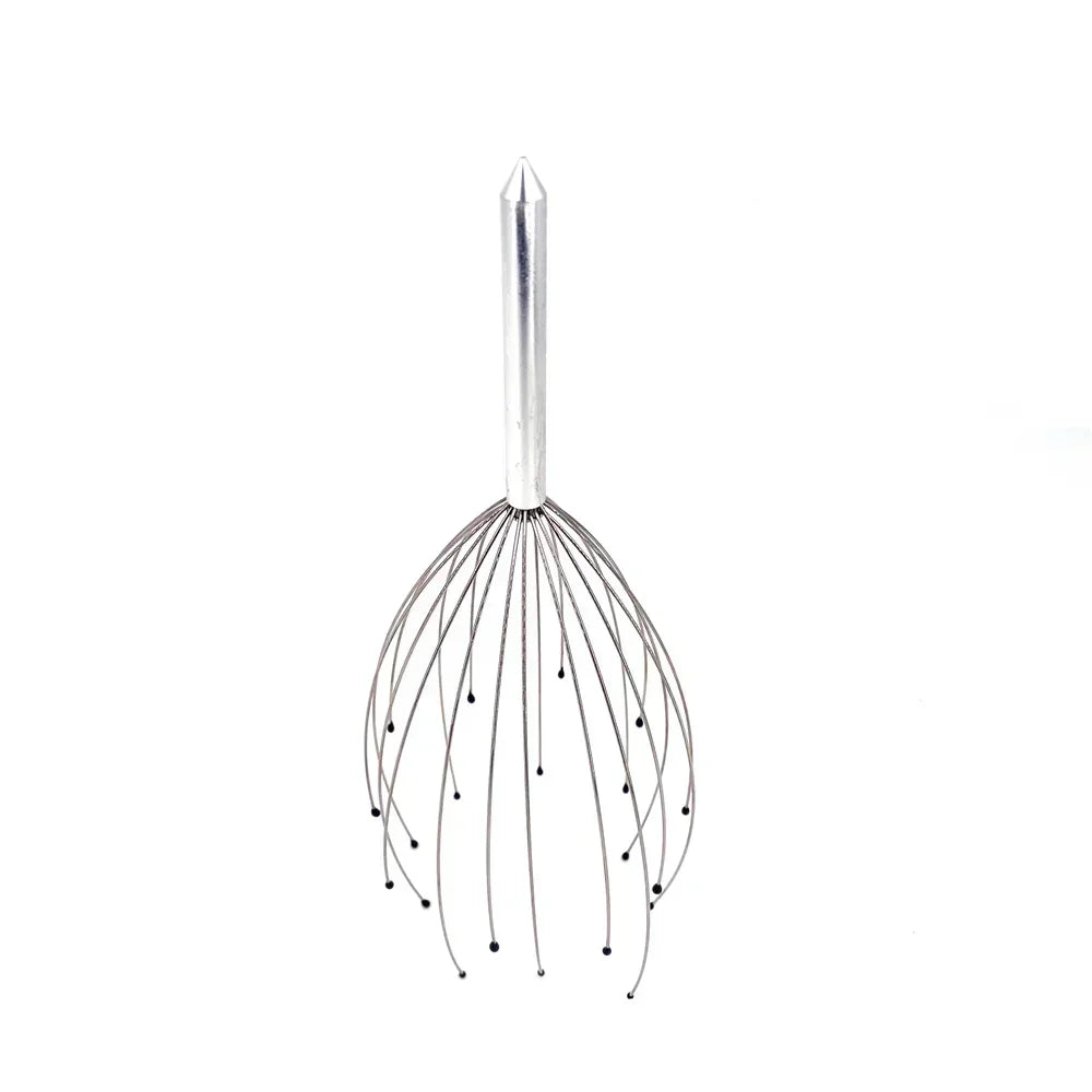A stainless steel scalp massager with a pointed top and multiple fine wires for deep relaxation.