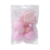 Bolsa de plástico transparente con un set de 12 esponjas de maquillaje multiusos en tonos rosa y melocotón.