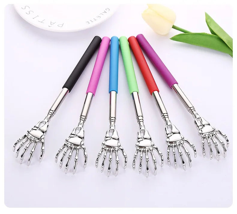 A set of colorful telescoping stainless steel back massagers with silicone tips and metal fingers.