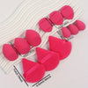 A collection of 12 pink makeup sponges arranged on a white background with measurements shown.
