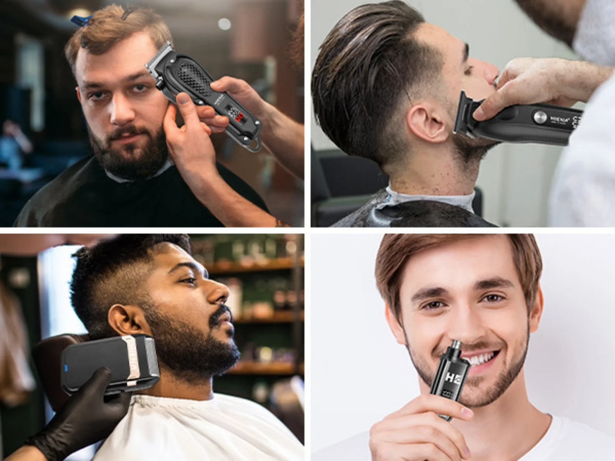 A collage showing a man using a professional cordless hair clipper set for beard and hair trimming.