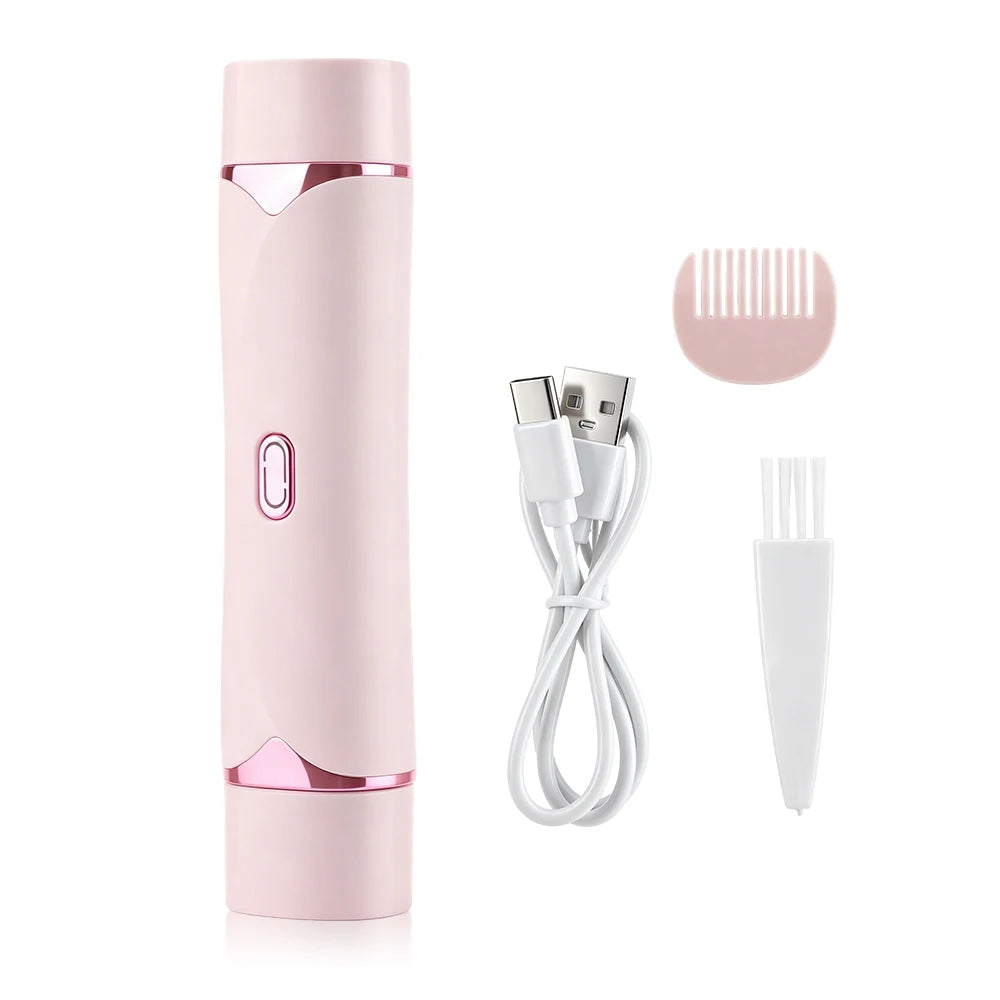 Afeitadora eléctrica rosa 2 en 1 con cabezal desechable blanco y cable.