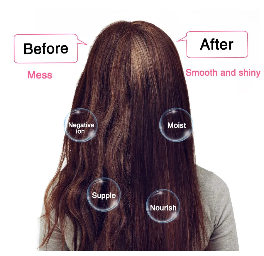 Before and after comparison showing hair transformation from messy to smooth and shiny using a 4-in-1 professional hair dryer