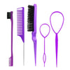 A set of purple hair styling combs and brushes including a wide-tooth comb, a fine-toothed brush, and a U-shaped comb.