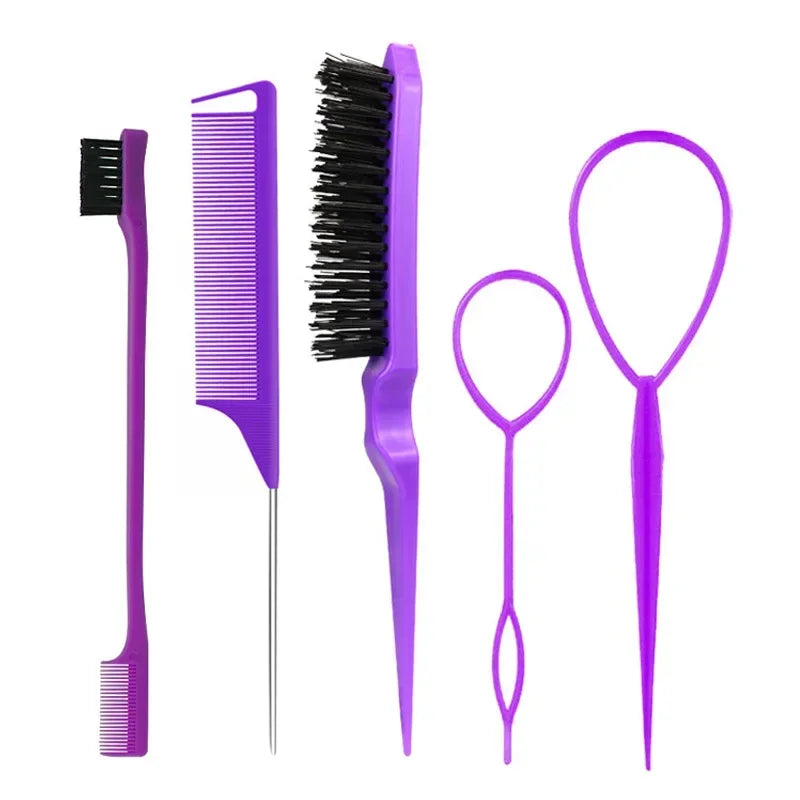 A set of purple hair styling combs and brushes including a wide-tooth comb, a fine-toothed brush, and a U-shaped comb.