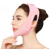 A woman wearing a pink V-Line face shaping strap for jawline and double chin treatment.