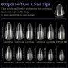 A grid display of clear acrylic nail tips in various sizes and shapes for professional nail extensions.