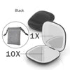 A black compact LED makeup mirror showing 1X and 10X magnification options.