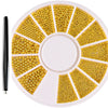 A circular plate filled with gold mixed stainless steel bead nail art decorations arranged in radiating sections.