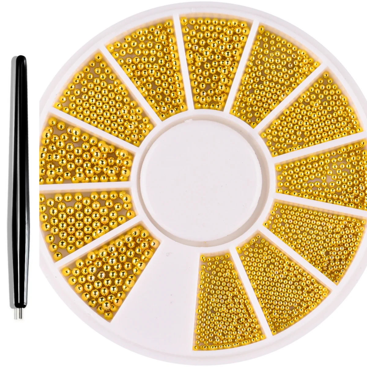 A circular plate filled with gold mixed stainless steel bead nail art decorations arranged in radiating sections.