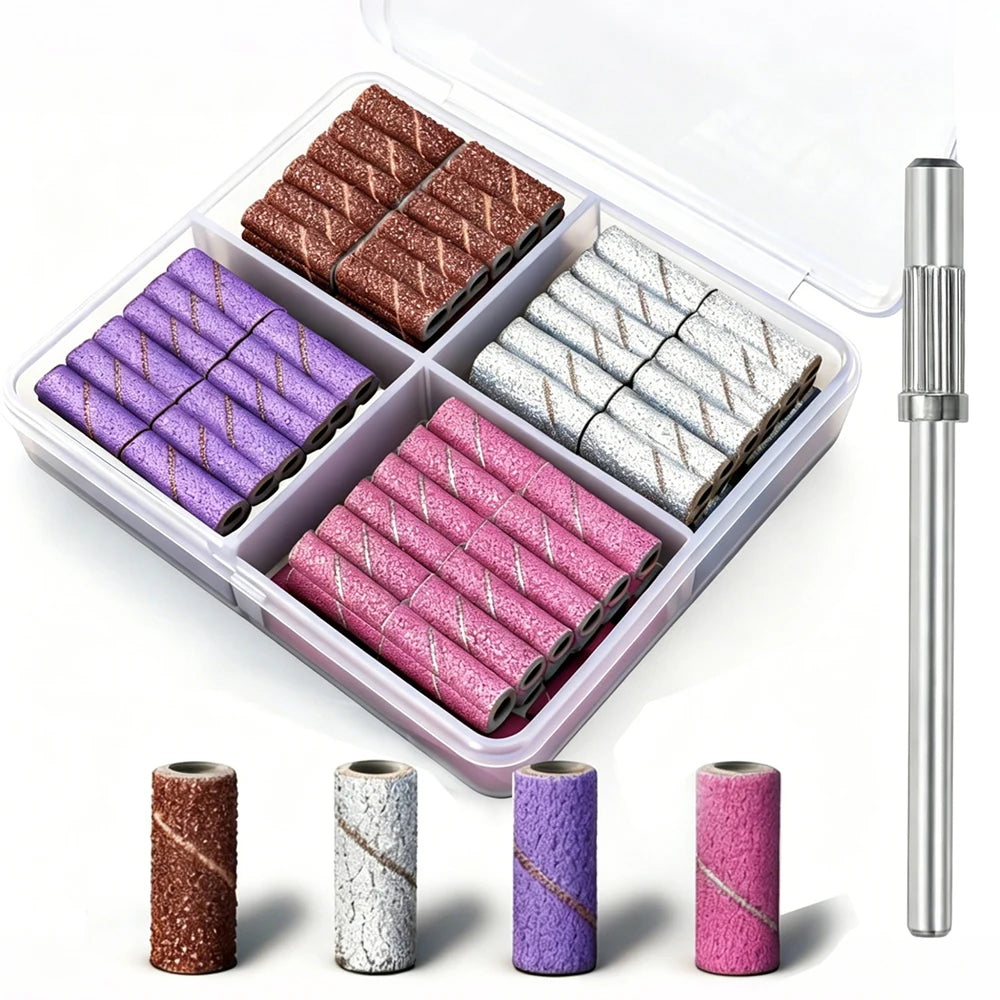 Un juego de bandas para lijar uñas de precisión en varios colores, incluyendo marrón, púrpura, plata y rosa, mostrados en un 