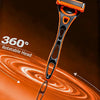 Orange precision safety razor with a rotatable head shown against an orange background.