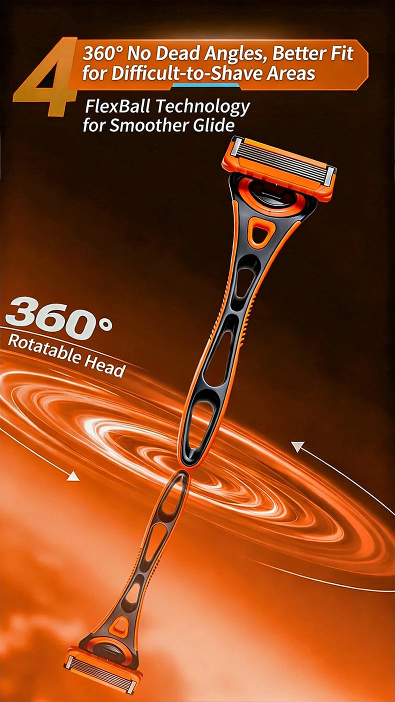 Orange precision safety razor with a rotatable head shown against an orange background.