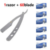 A professional stainless steel straight shaving razor with a handle and six replacement blades is shown.