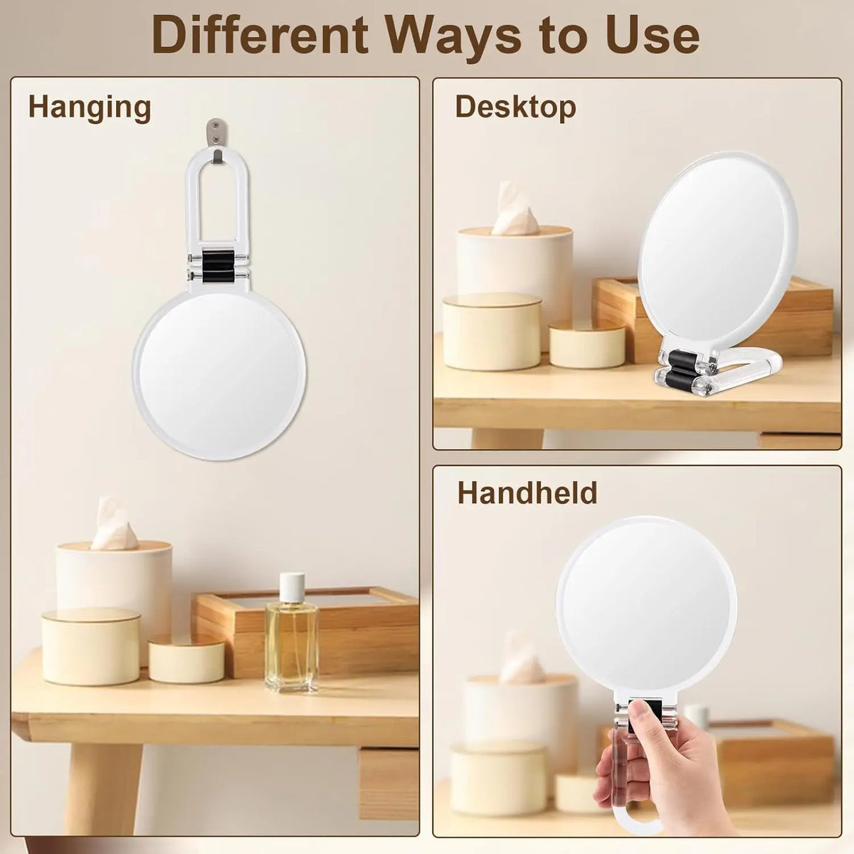 Various ways to use a foldable magnifying vanity mirror including hanging, desktop placement, and handheld