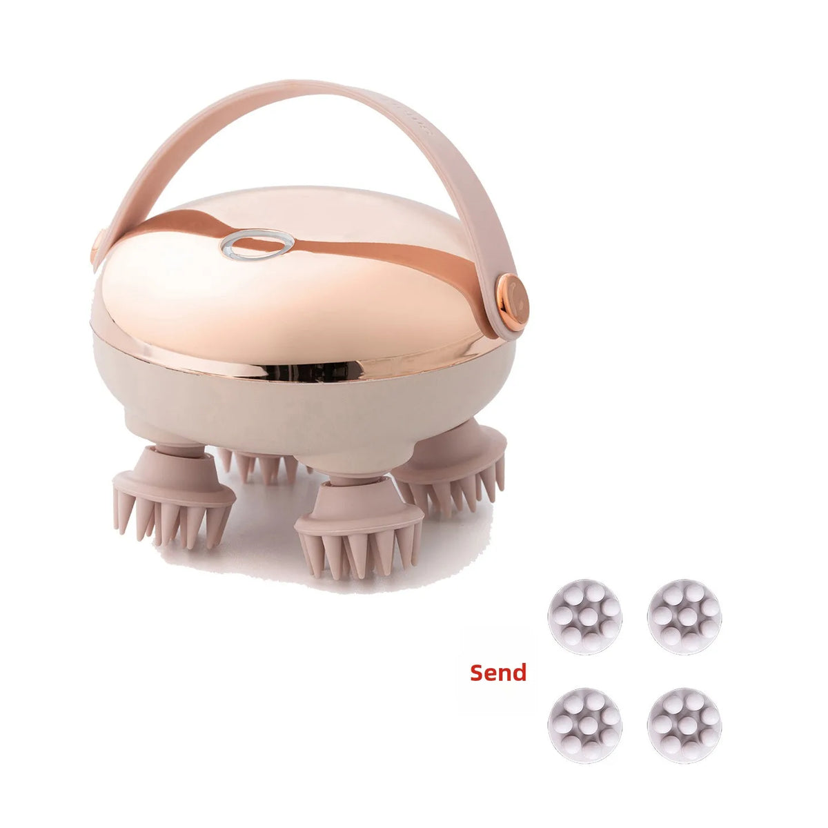 A pink rechargeable electric handheld scalp massager with silicone massage tips.