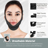 A woman is shown wearing a black adjustable jawline shaper strap designed for comfort and support.