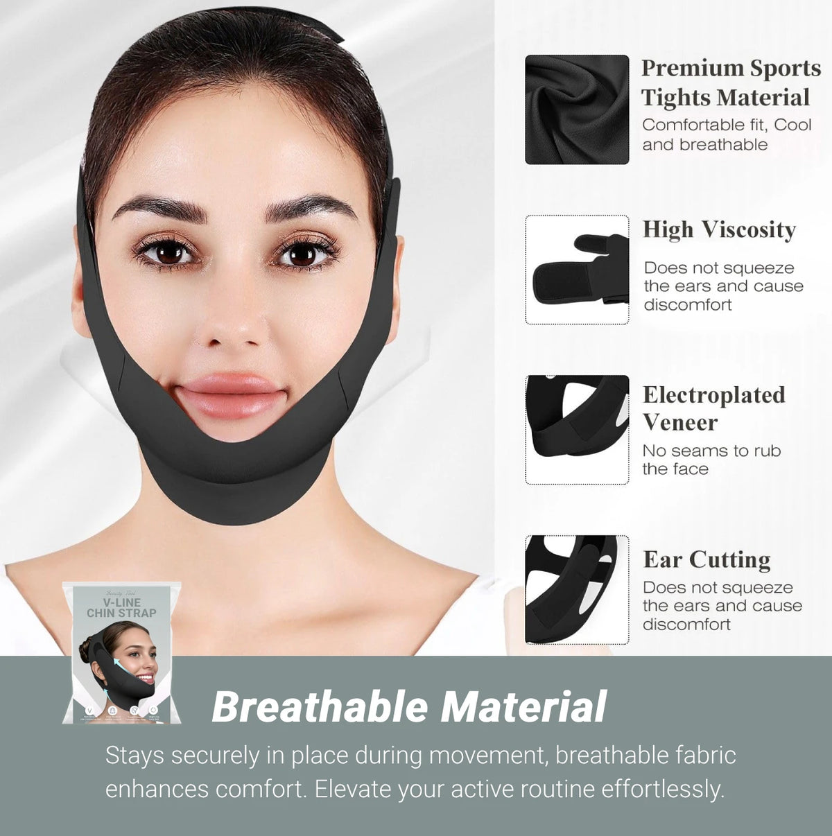 A woman is shown wearing a black adjustable jawline shaper strap designed for comfort and support.