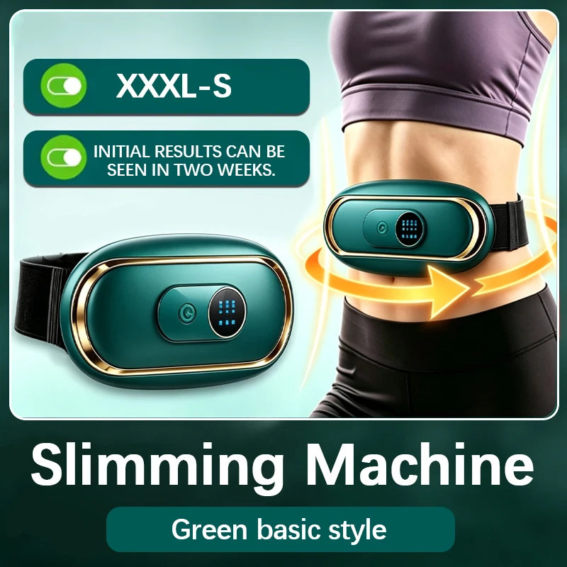 A green slimming machine belt is shown being worn around the waist of a person.