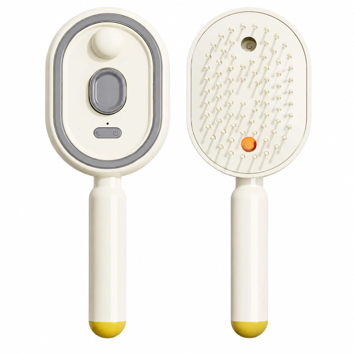 A white rechargeable electric spray hair brush with a gray control and orange switch.