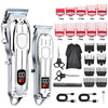 A set of professional cordless hair clipper and trimmer tools in silver and black.