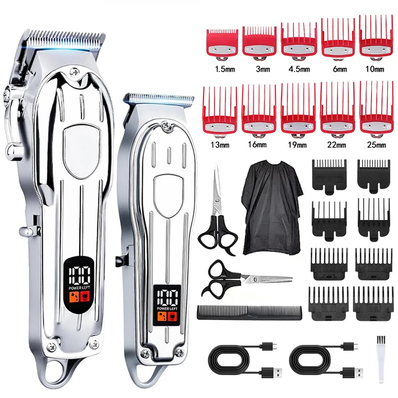 A set of professional cordless hair clipper and trimmer tools in silver and black.