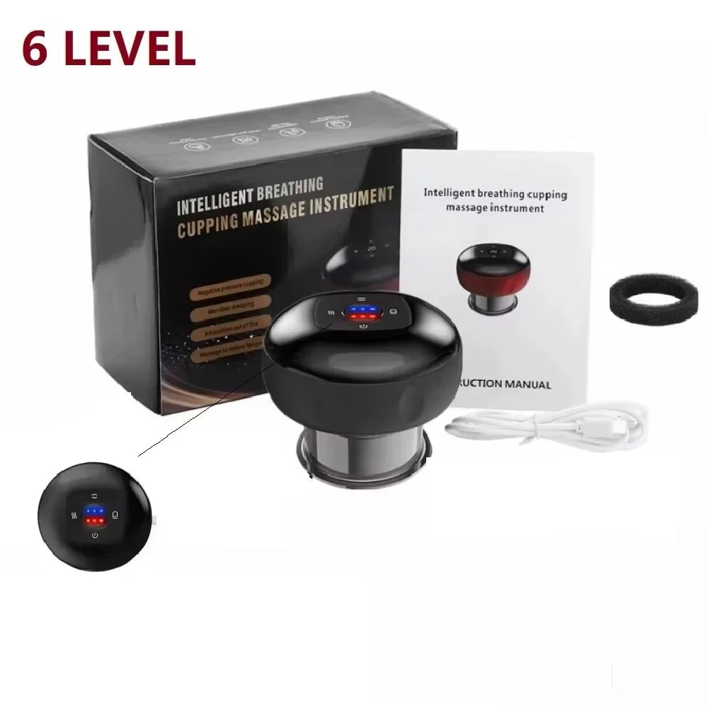A black intelligent breathing cupping massage instrument box and components for skin massage.