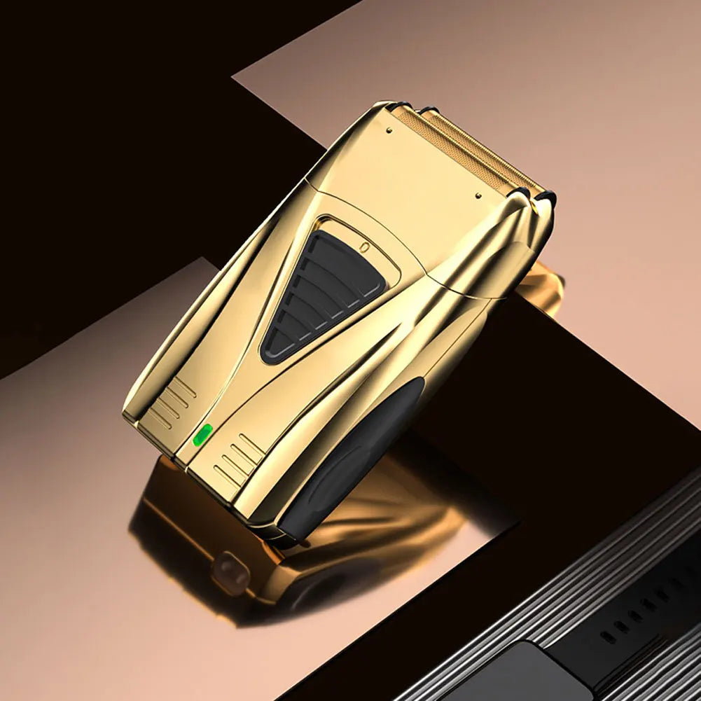 A gold electric rechargeable shaver kit for men is shown in a close-up view.