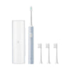 A white sonic electric toothbrush with a light blue handle and three brush heads shown next to the full product.