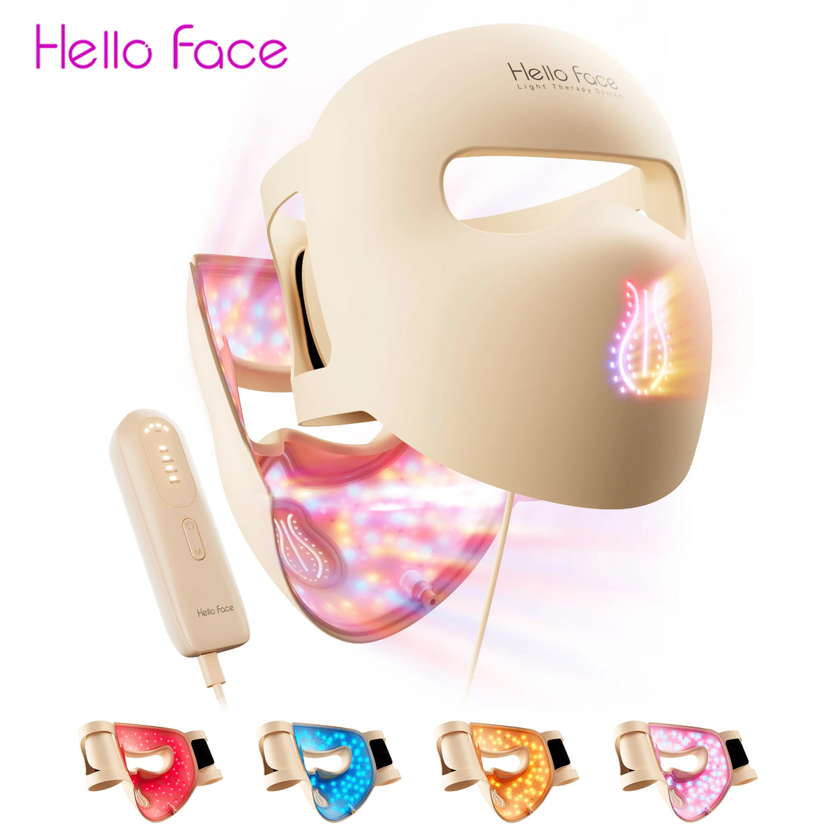 A Hello Face light therapy mask shown with various colored lenses and the main unit.