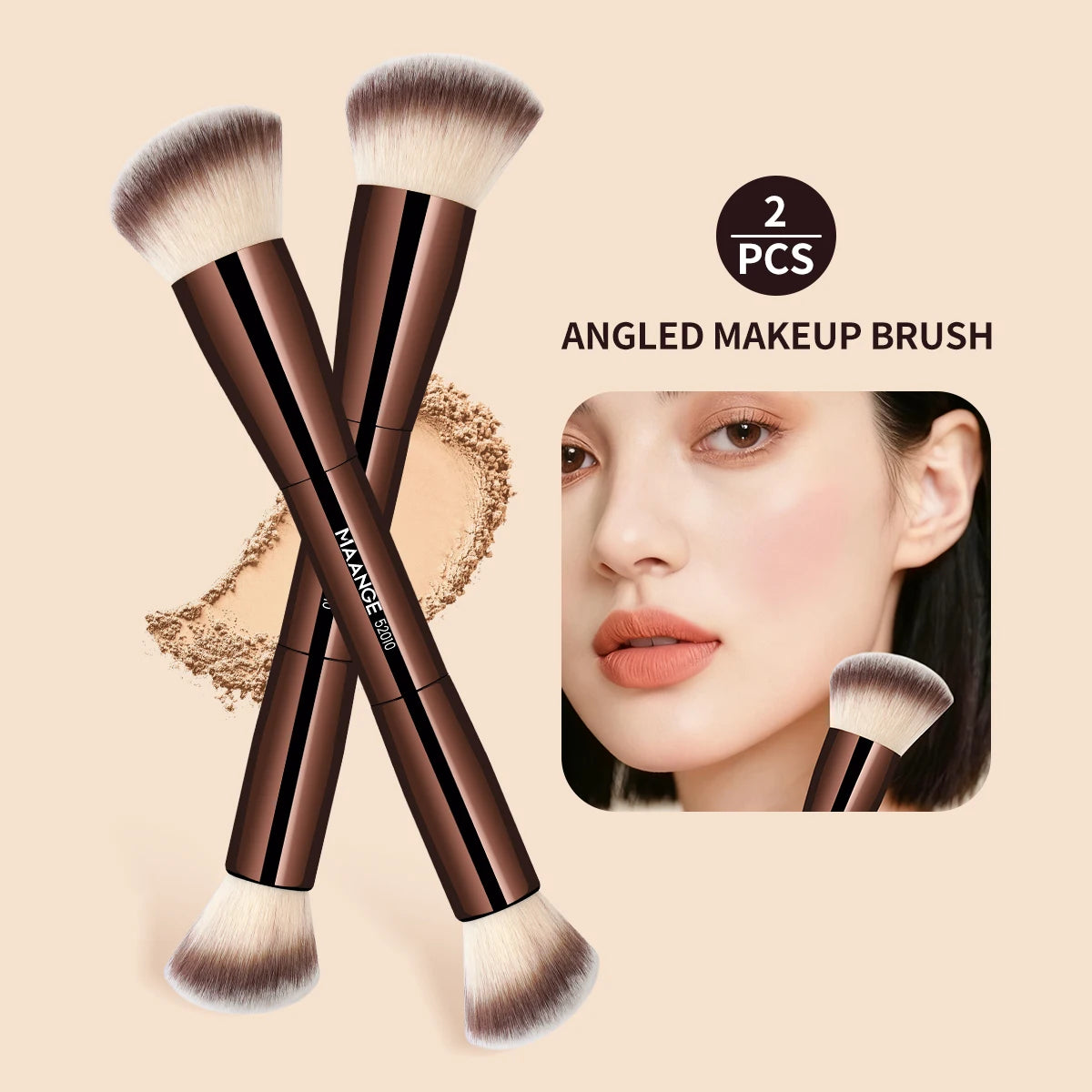A pair of angled makeup brushes in brown and gold tones shown next to a woman's face.