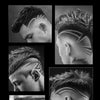 Close-up images showcasing professional haircut styles using a gradient/scu technique with white hair on a male model.