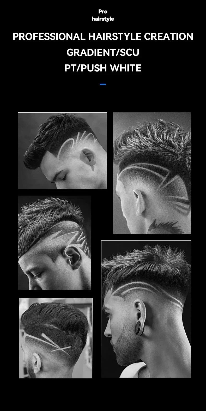 Close-up images showcasing professional haircut styles using a gradient/scu technique with white hair on a male model.