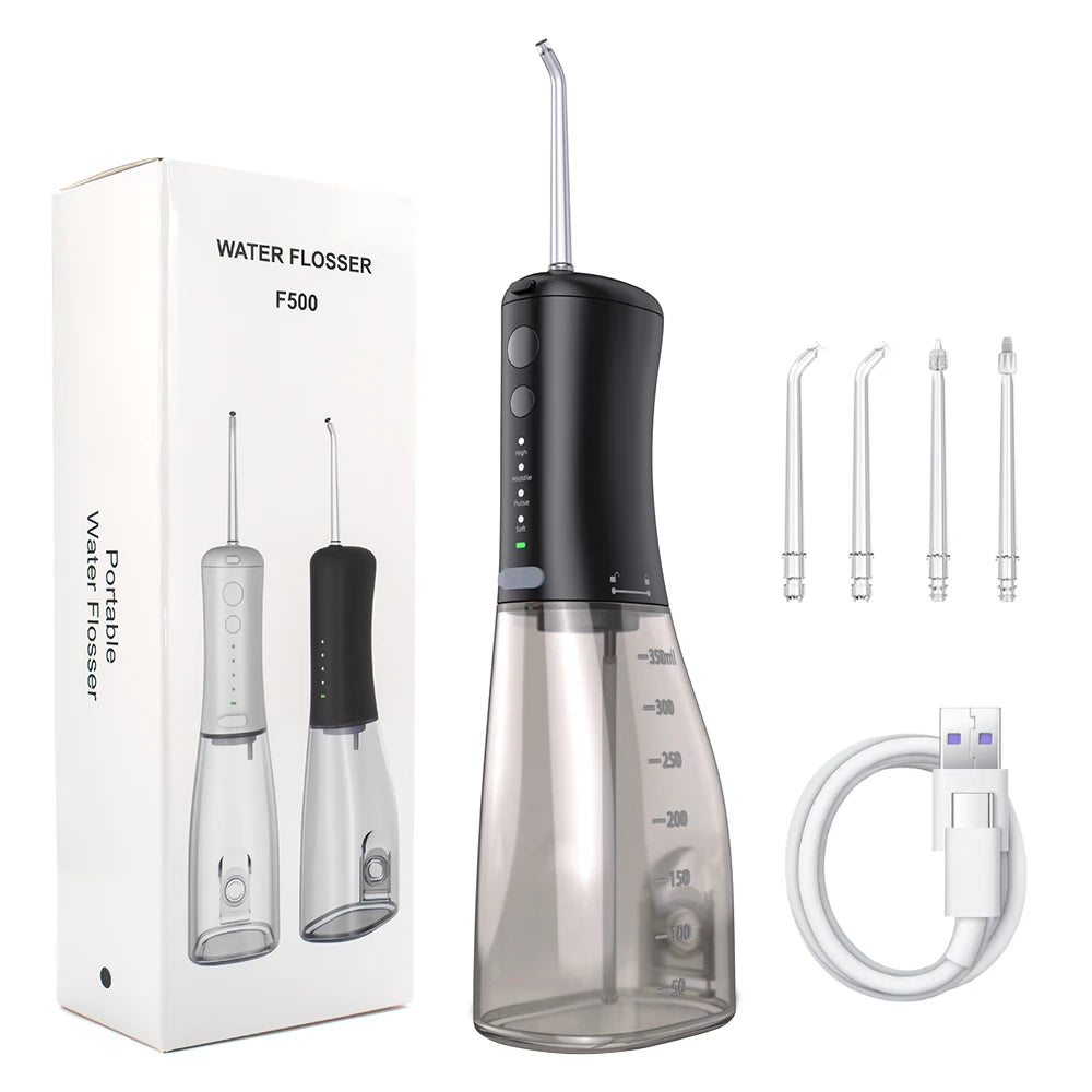 Portables Wasser-Flosser-Gerät in Schwarz und klarem Glas mit Komponenten und Ladekabel.