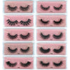 A collection of 10 pairs of pink mink false eyelashes labeled F50 through F59 displayed in individual clear packaging.