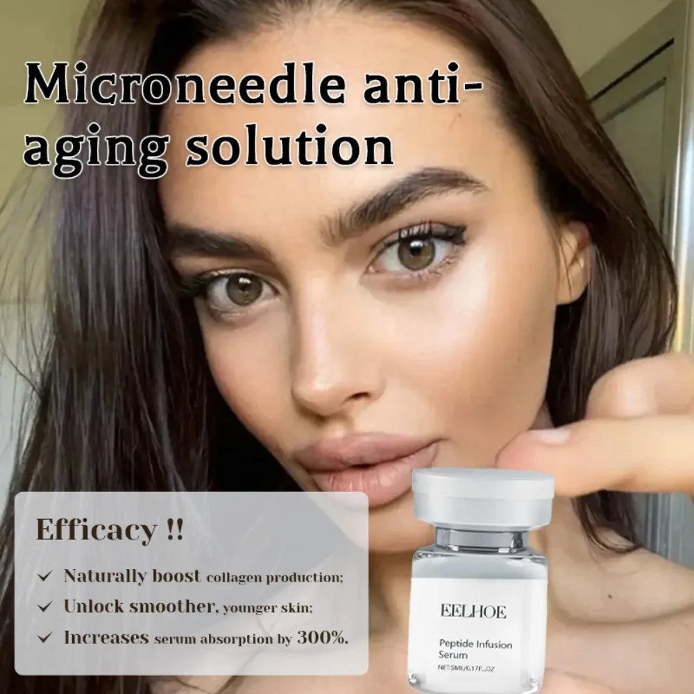 A woman applies a clear serum to her face, demonstrating the use of a microneedle anti-aging solution.