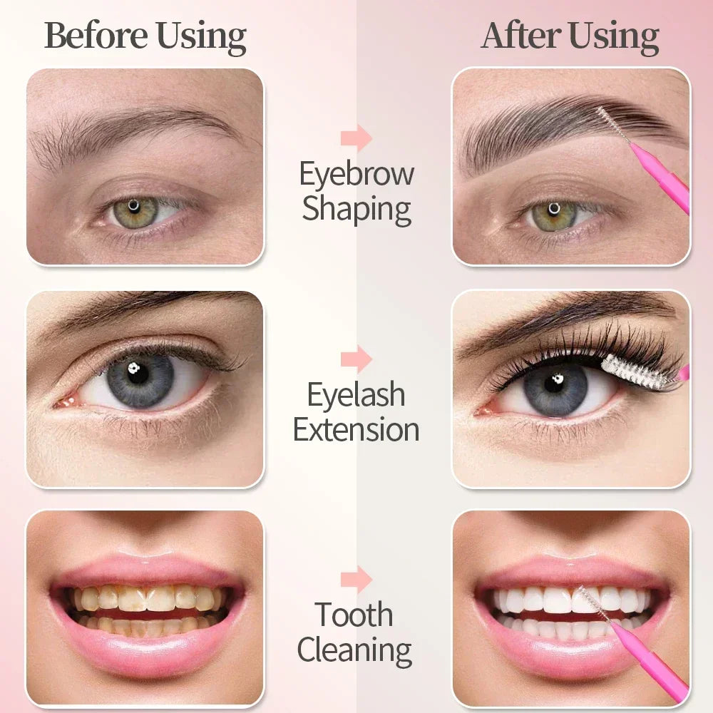Before and after images showing eyebrow shaping, eyelash extension, and tooth cleaning results.