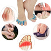 Various views of soft gel toe separators used for bunion relief and toe straightening.