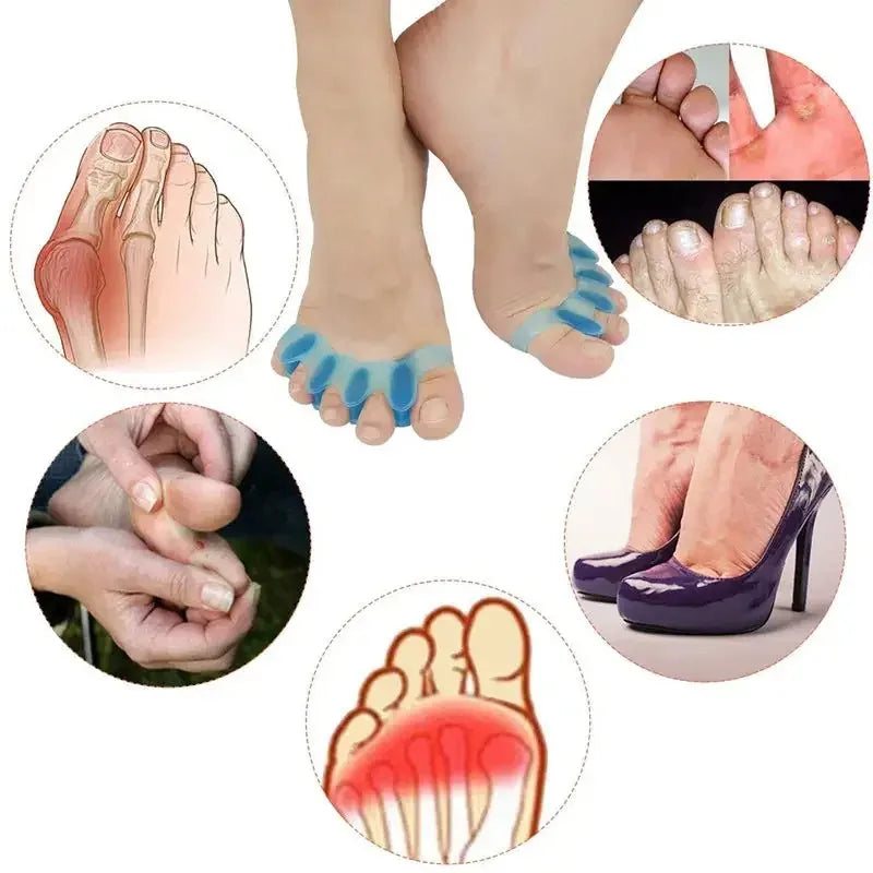 Various views of soft gel toe separators used for bunion relief and toe straightening.