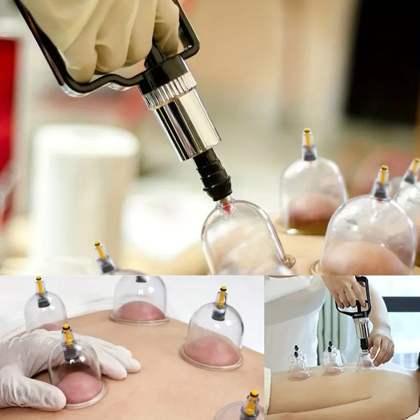 Una mano usa un dispositivo de vacío en la piel, demostrando el uso de un kit de relajación de vacío de 18 piezas.