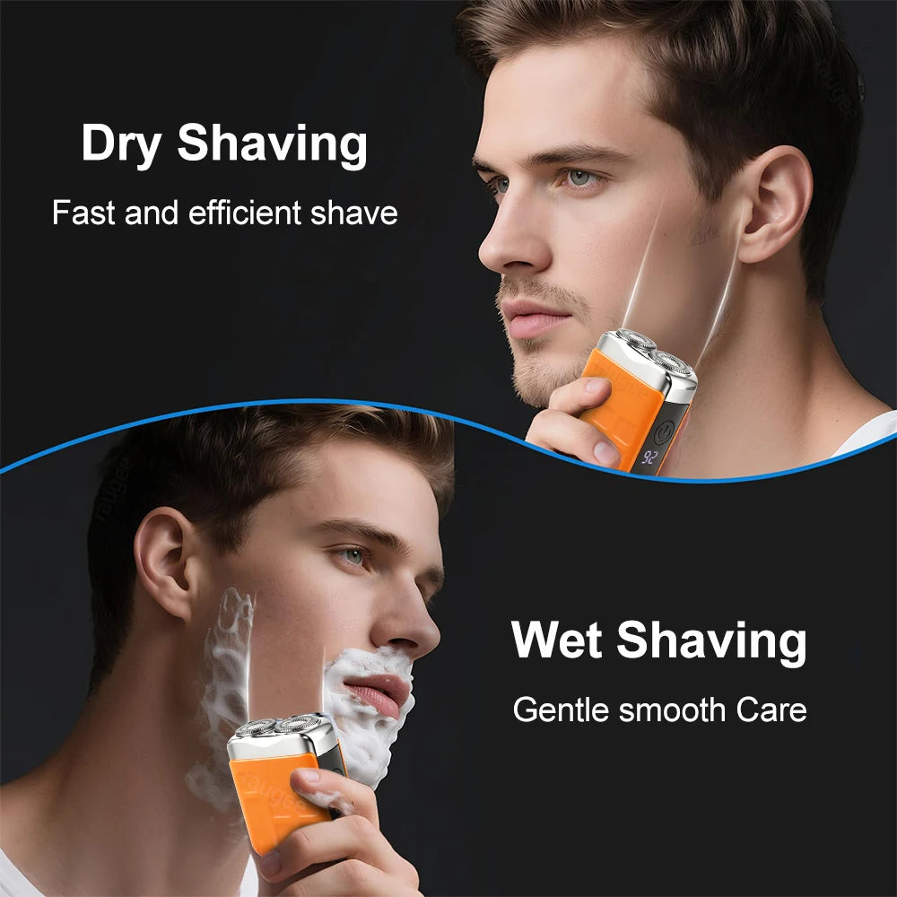 A man is shown using a dual-head electric beard trimmer for dry and wet shaving techniques.