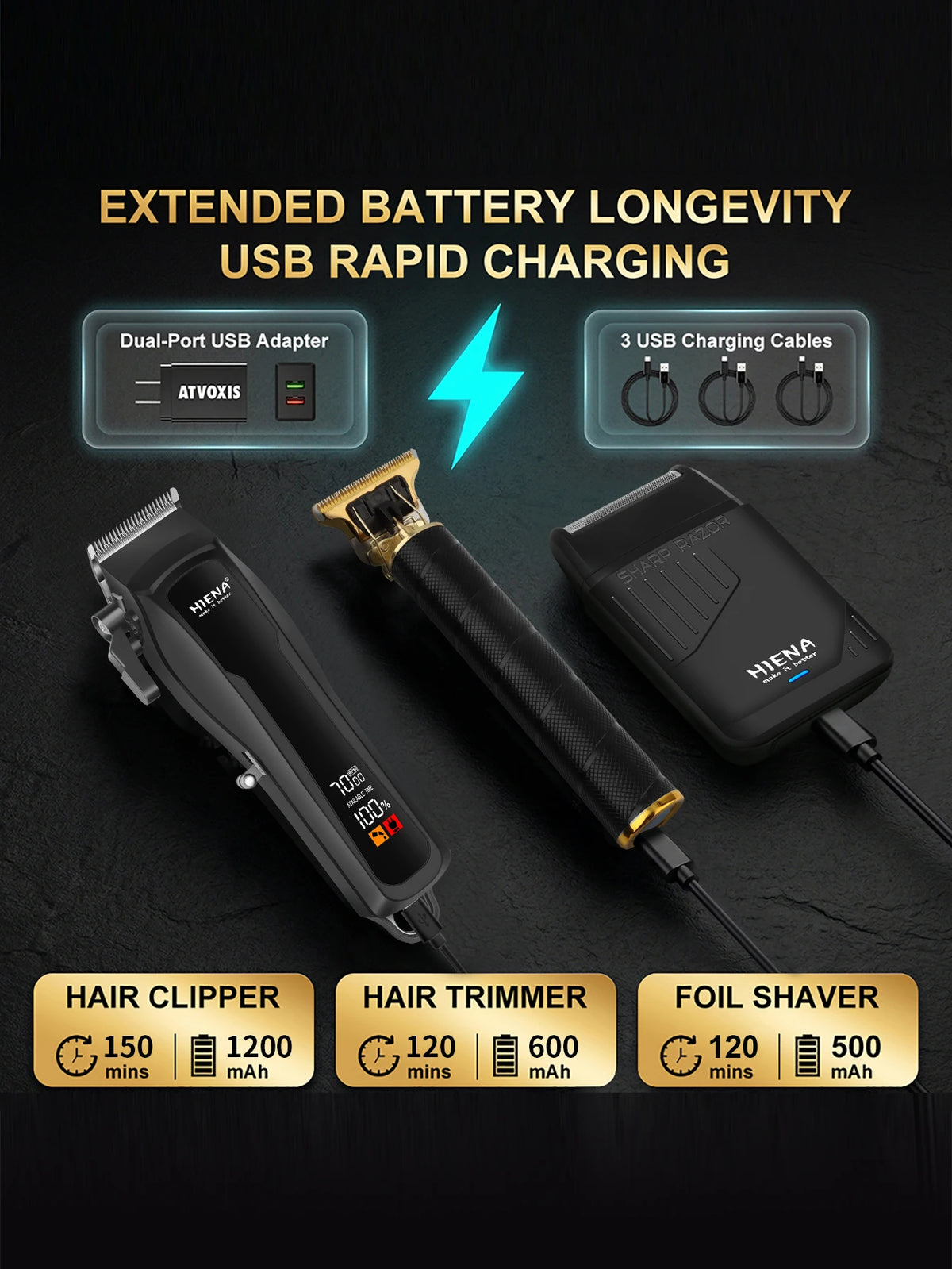 A set of three professional barber tools including a hair clipper, hair trimmer, and foil shaver with USB charging cables.