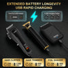 A set of three professional barber tools including a hair clipper, hair trimmer, and foil shaver with USB charging cables.