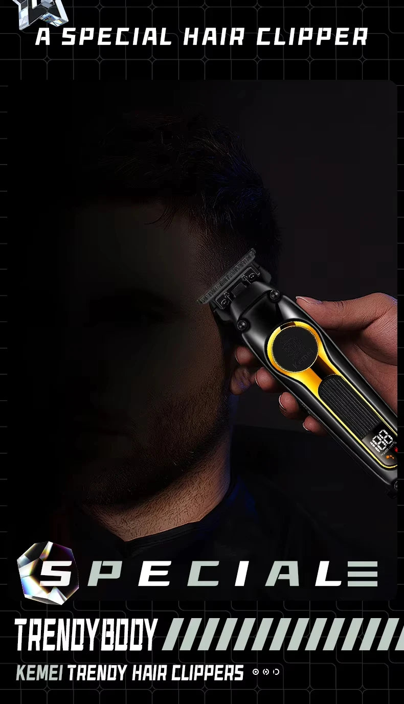 A close-up of a black electric hair clipper with a yellow accent, shown being held by a hand against a dark background.