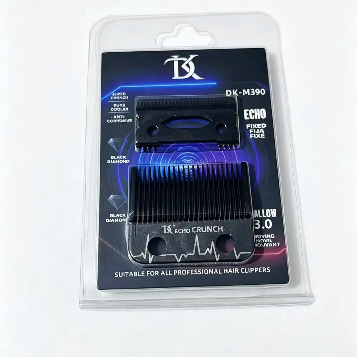 A black precision hair clipper blade trimmer replacement set packaged in clear plastic.