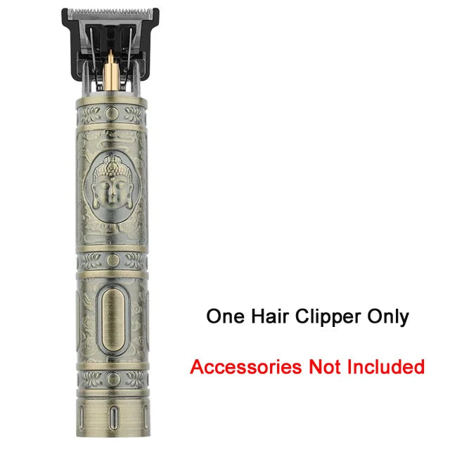 A vintage cordless hair clipper with a metallic body and a protective guard visible.