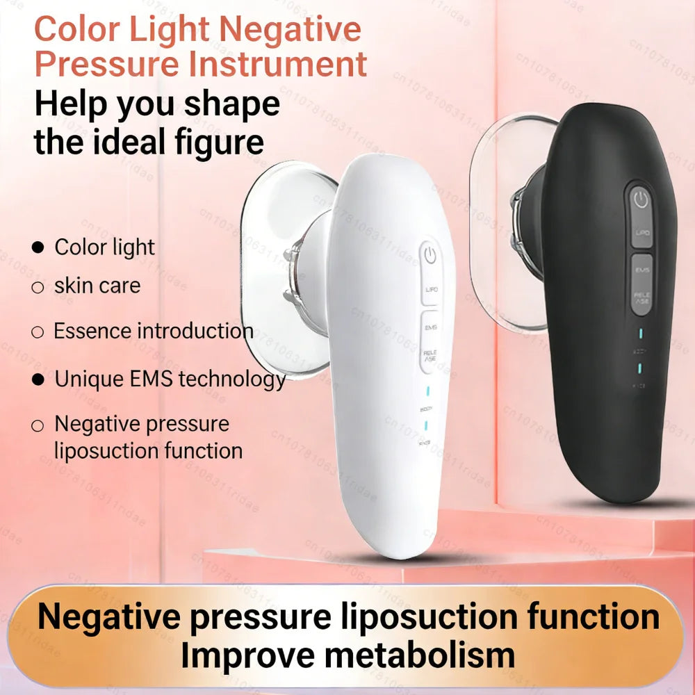A white EMS fat cellulite massager device is shown next to a black version, highlighting its negative pressure liposuction fu