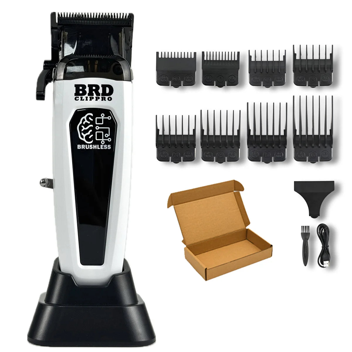 A white and black professional rotary hair trimmer kit with multiple guard attachments and accessories.